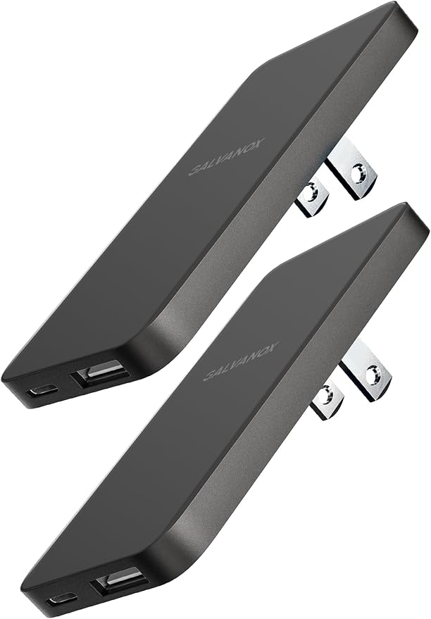 USB-C Flat Wall Chargers (2-Pack) Ultra Slim Fast Charging Multi-Port Power Adapters for iPhone and Android/Samsung Phones 20W Outlet Plug (USB Type-C/USB-A) Black