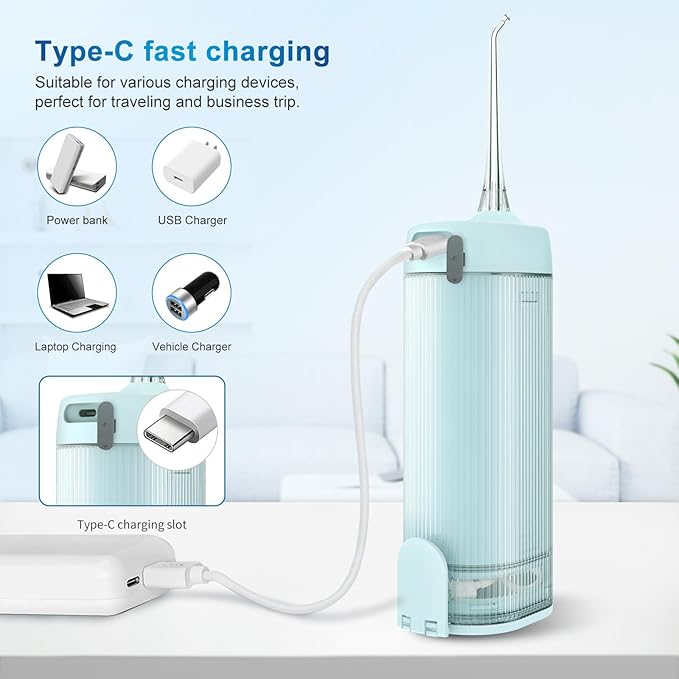 JNGOODS Mini Portable Water Flosser Oral Irrigator Water Teeth Cleaner Pick, Telescopic Water Tank, 4 Modes & IPX7 Waterproof, Home & Travel Water Flossers for Teeth, Braces Bridges Care. (Pearl Blue)