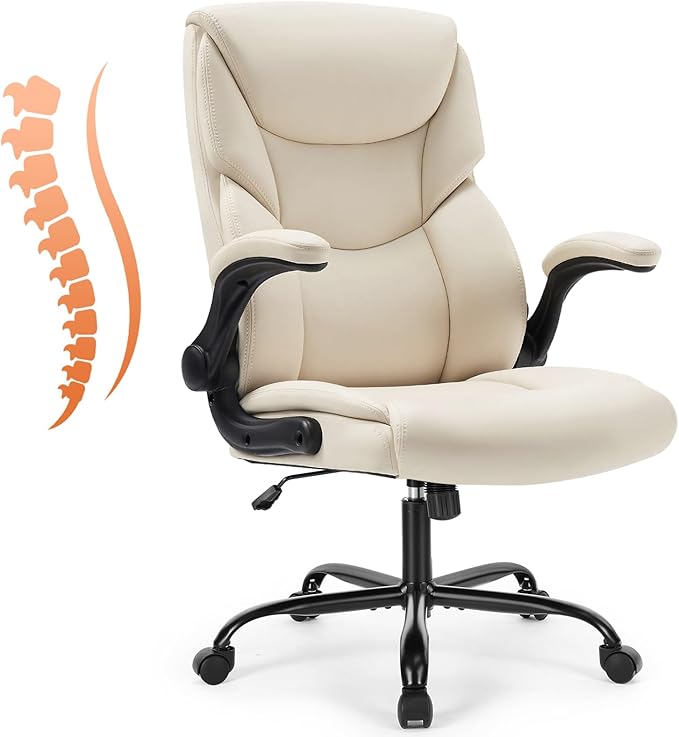 Sweetcrispy Computer Gaming Chair, Ergonomic High Back Heavy Duty Task Desk Office Chairs with Wheels, Flip-up Arms, Adjustable Height, PU Leather, Cream