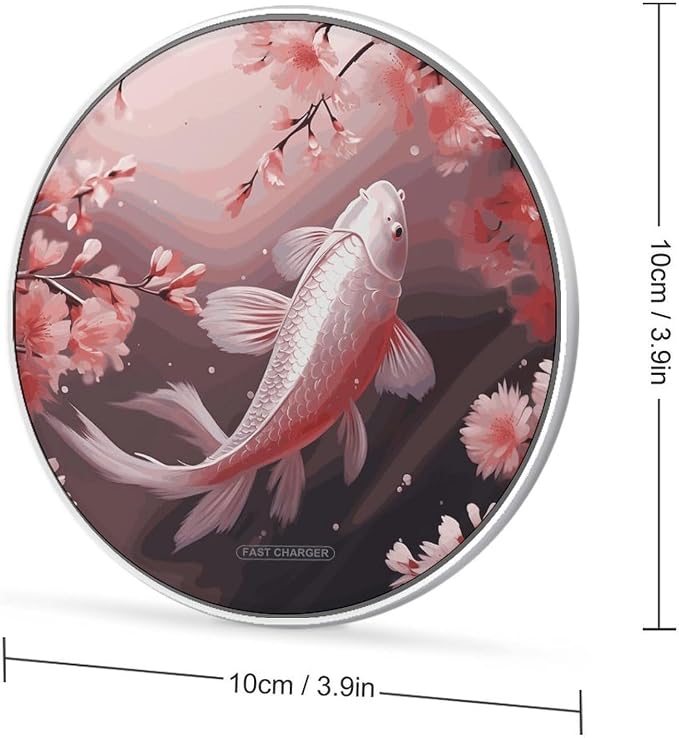 Pink Cherry Blossom Red Carp Wireless Charger 10W Fast Charging Pad Anti-Slip Qi Certified Wireless Charging Pad Charging Station Portable Phone Charger for All Wireless Charging Smartphone