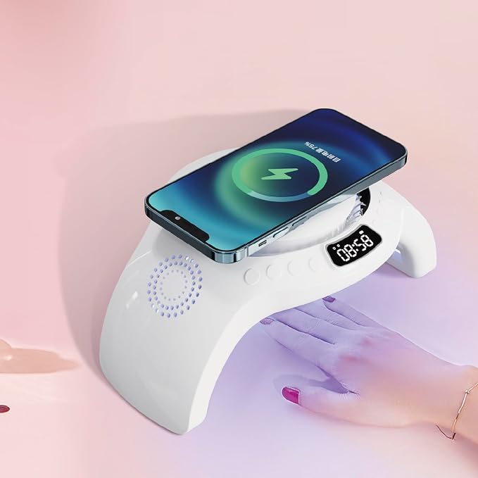 5 in 1 mutifunction Mobile Wireless Charger with Bluetooth Speaker UV Nail Lights Clock AlarmNight Light
