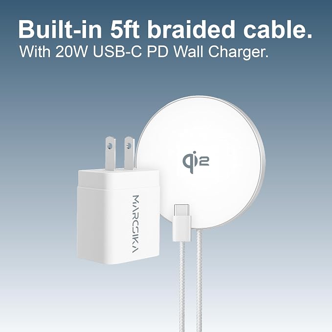 MagSafe-Compatible Qi2 Charger for iPhone 12-17 - 15W Fast Charging Pad with 20W USB-C Adapter &amp 5ft Braided Cable Included