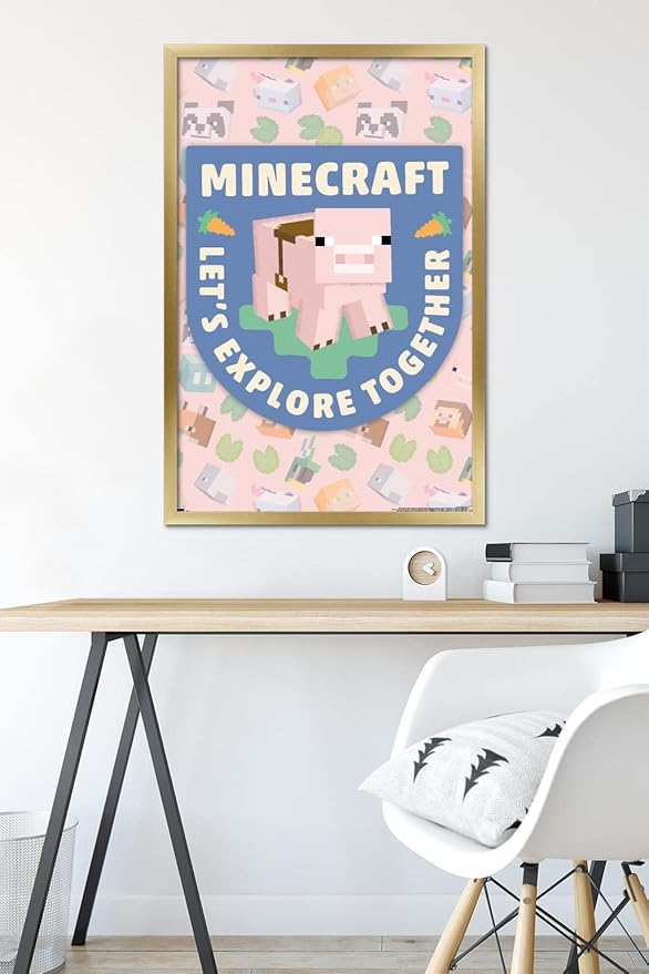 Trends International Minecraft - Let's Explore Together Wall Poster, 34L x 22.4W, Gold Framed Version