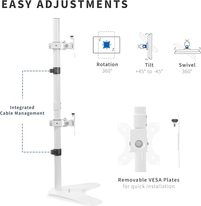 VIVO Dual Monitor Desk Stand Free-Standing LCD Mount, Holds in Stacked Vertical Position 2 Ultrawide Screens up to 34 inches, White, STAND-V002LW