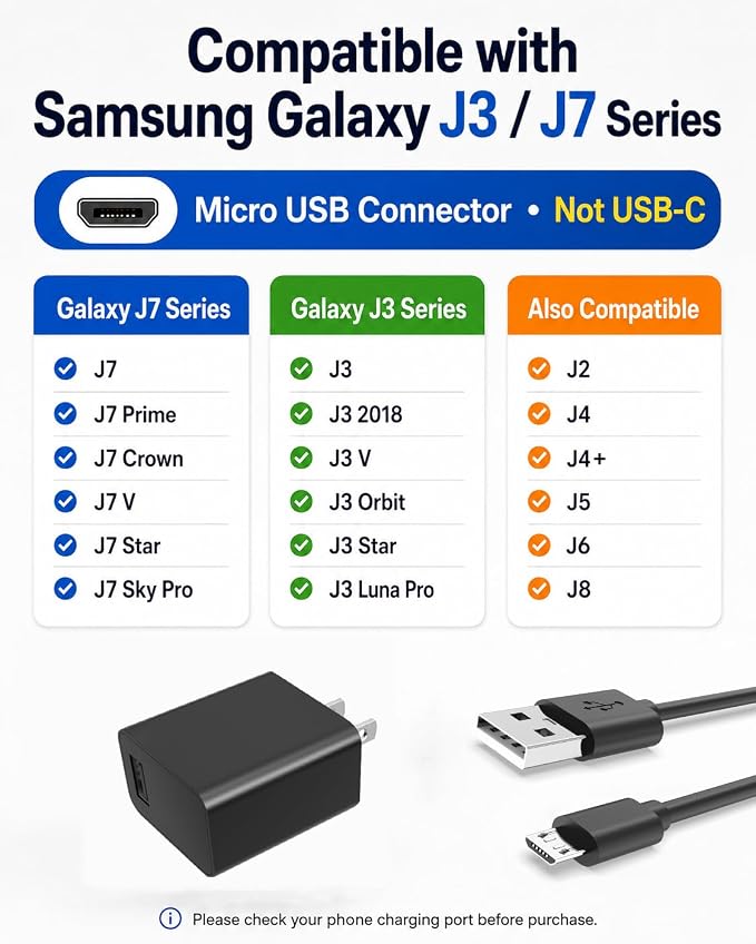 Superer Fast Charger Fit for Samsung Galaxy J7 /J7 Prime /J7 Crown /J7 v /J7 Star /J3 /J3 Orbit /J3 Star /J3 v /J2 /J6 /J6+ /J4 /J4+ /J8 - Cell Phone Adapter with Micro USB Charging Cable Cord 5FT