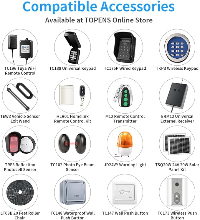 TOPENS DKC500S Solar Sliding Gate Opener Chain Drive Automatic Gate Motor for Heavy Driveway Slide Gates Up to 1300 Pounds, Electric Gate Operator Battery Powered with Solar Panel Remote Control Kit