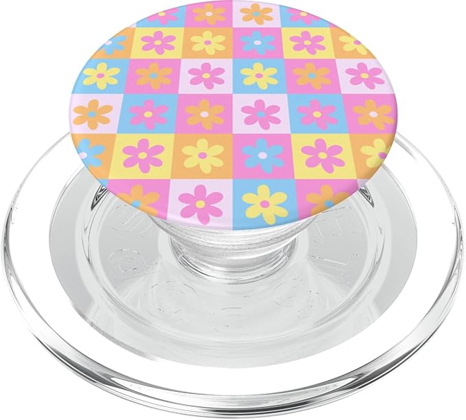 Aesthetic Checker Retro Groovy Flowers in Cream Peach colors PopSockets Adhesive PopGrip