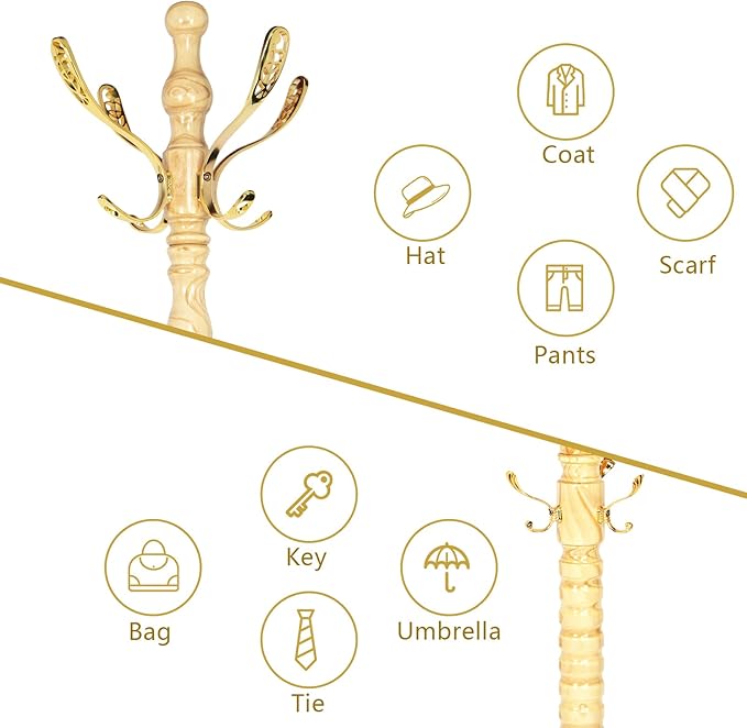 73”Vintage Wooden Coat Rack Freestanding With 14 Hooks and Sturdy Round Base。3-level Adjustable Vintage Wooden Coat Rack.Coat Rack Stand for Living Room Bedroom Office