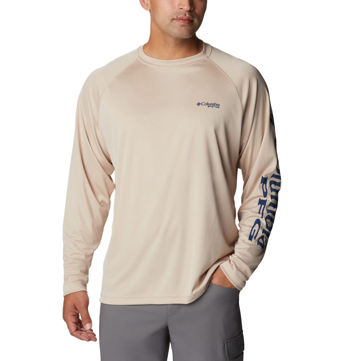 Columbia Men's Terminal Tackle Long Sleeve Shirt, Ancient Fossil/Carbon Logo, 1X Big