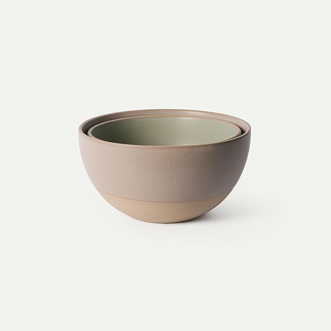 MORA Mega and Giant Bowls Set of 2, 5.5 and 3.5 Qt Ceramic Pottery Mixing Bowls - Microwave and Dishwasher Safe - Mushroom & Thyme