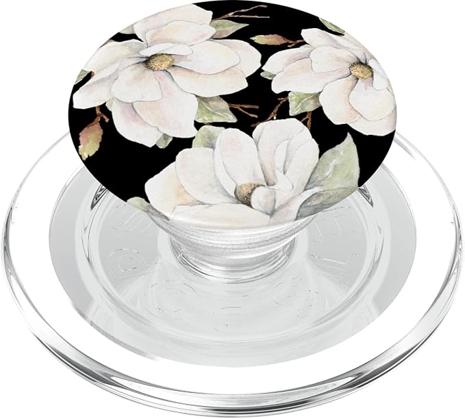 White Magnolias Floral Pattern on a Black Background PopSockets Adhesive PopGrip