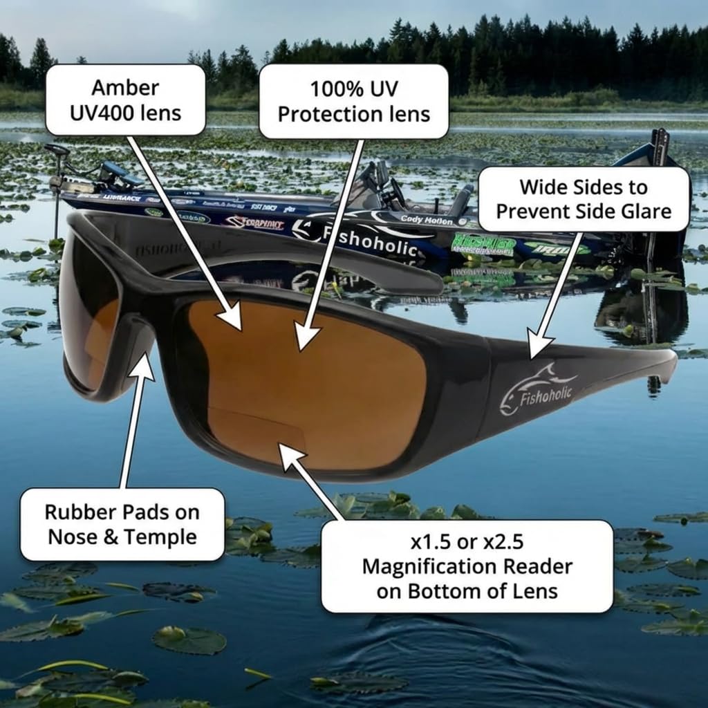Fishoholic Polarized Bi-Focal Fishing Sunglasses - with 1.5x, 2.0x or 2.5x