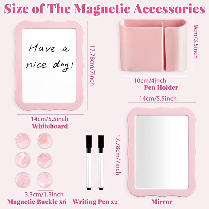 11 Pcs School Lockers Magnetic Decor Pink Locker Accessories Kit with Magnetic Mirror Whiteboard Pen Holder Buckles Lockers Organizer Decorations Locker Essentials for Girls Back to School Supplies