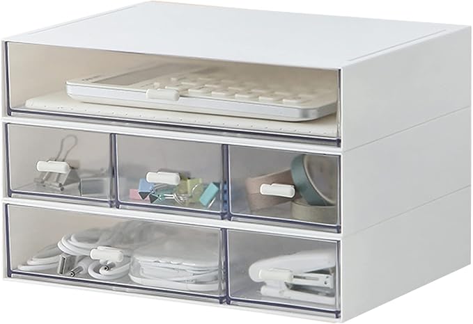Desk Organizer with 6 Drawers, Makeup Organizer, Plastic Cosmetic Organizer, Bathroom Organization Boxes, Desktop Storage Box(White)