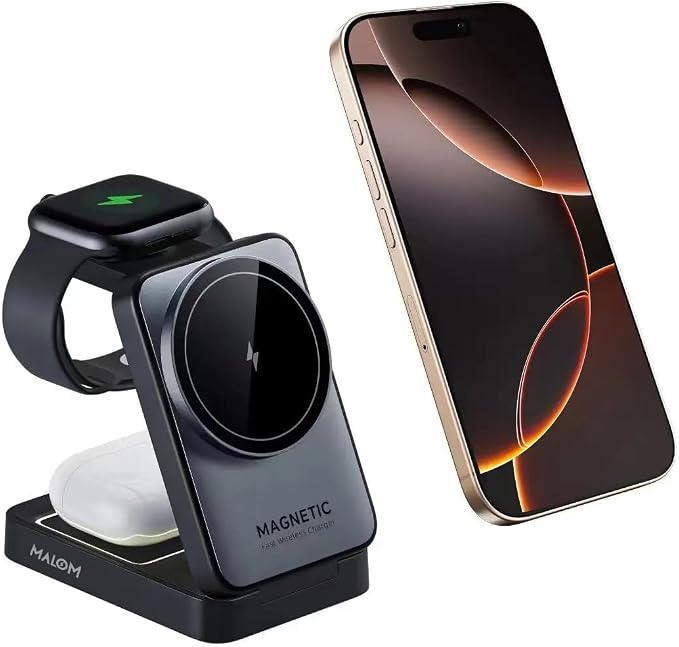 MALOM W91 3-in-1 Multifunctional Wireless Magnetic Charger for iPhone Apple Watch AirPods Foldable Nightlight (Black)