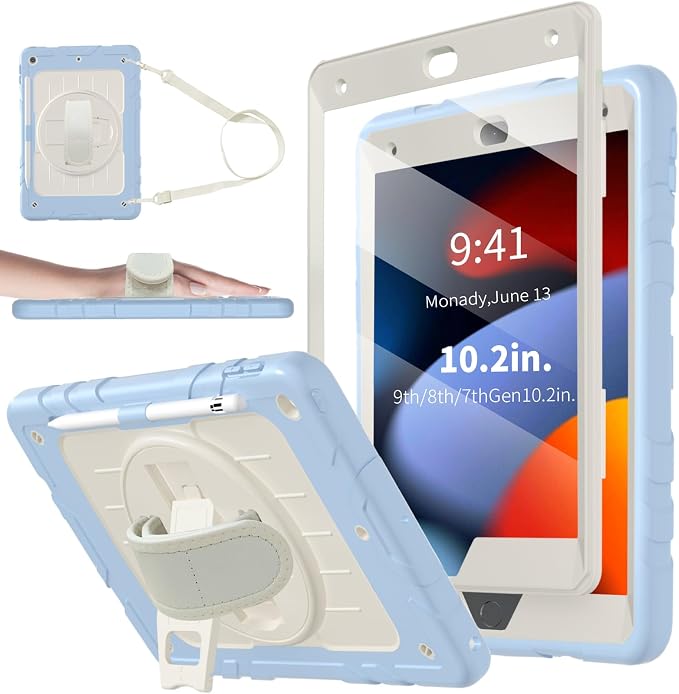 Case for iPad 9th/8th/7th Generation-Built-in Screen Protectorwith Pencil Holder&amp360°Rotating Hand StrapShoulder StrapCase for iPad 10.2 inch 2021-2019(Black)