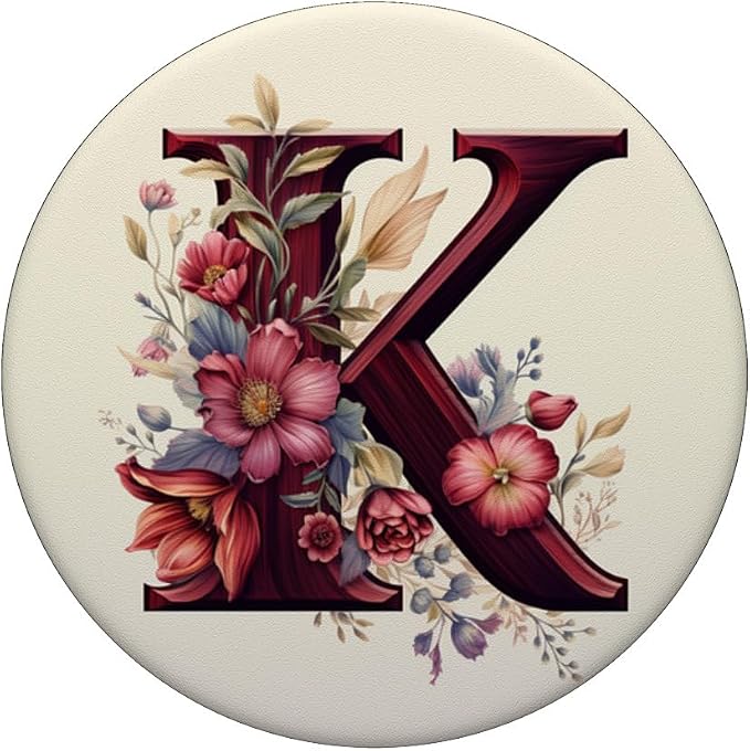 Beige Maroon Floral Initial Letter K Monogram Flowers PopSockets Adhesive PopGrip
