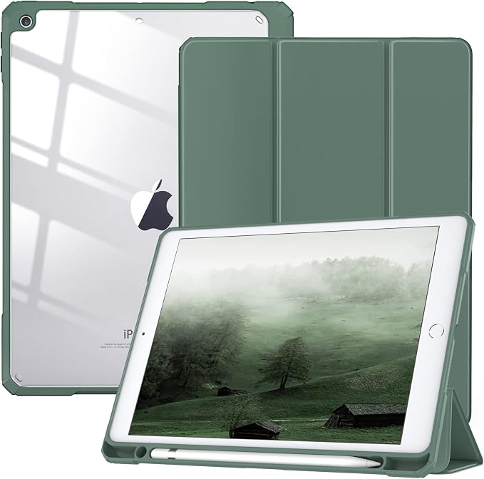 TiMOVO Case for iPad 9th/8th/7th Generation 10.2 inch Black | Pencil Holder Slim Trifold Stand Protective Cover Clear Transparent Back Shell Auto Wake/Sleep