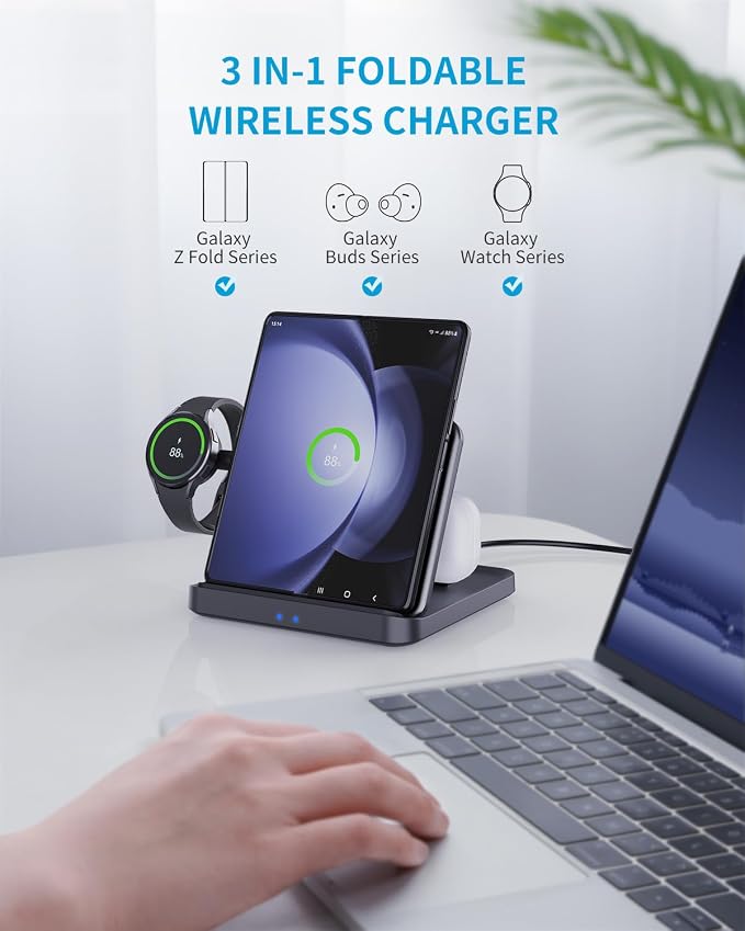 Wireless Charger Station for Samsung Z Fold 7/6/5 ANPULES 3 in 1 Foldable Fast Wireless Charging Stand Dock for Galaxy Z Fold4/Flip 6/5 Wireless Charger for Watch 6/6 Classic Buds 2/Pro/Live