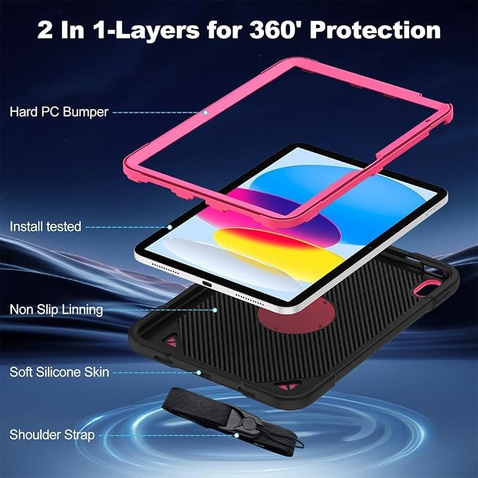 Case for iPad A16 11th / 10th Gen 10.9-Inch 360° Rotating Kickstand | Kids Shockproof Protective Cover with Handle Shoulder Strap &amp Pencil Holder Durable Silicone Case for Girls Black