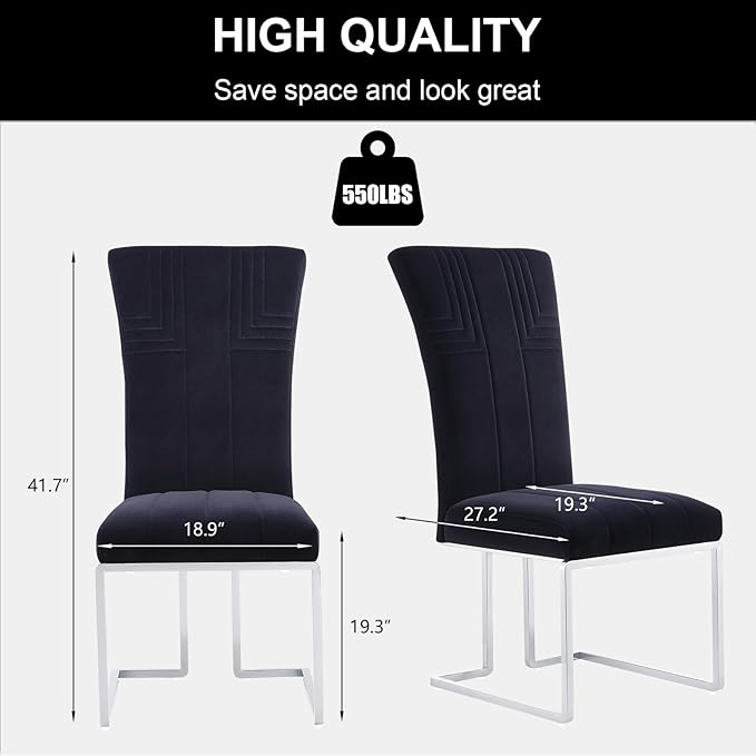 AUZ Dining Chairs Set of 2, Black and Silver Dining Chair with Velvet Upholstery and Mirrored Silver Sled Legs