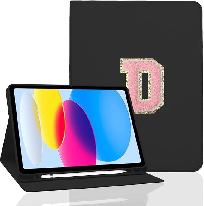 for iPad 9th Generation 10.2 Inch 2021/2020/2019 Case Initial Chenille Letter Suture Personalized for iPad 9th/8th/7th Generation Case with Auto Sleep/Wake Pencil Holder (Black A)