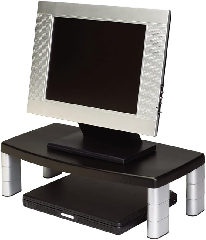 3M Extra Wide Adjustable Monitor Stand, Three Leg Segments Simply Adjust Height from 1" to 5 7/8", Sturdy Platform Holds Up to 40 lbs, 16-inch Space Between Columns for Storage, Silver/Black (MS90B)