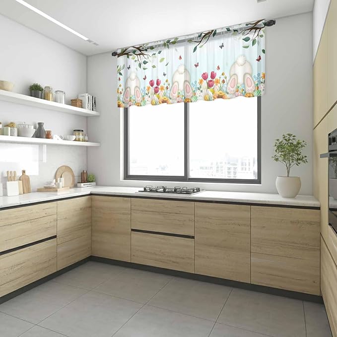 Easter Sheer Valances for Windows 54"x18", Light Filtering Kitchen Curtains