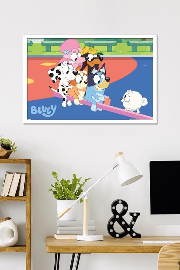 Bluey (2018) - Bluey and Friends See Saw Fun Wall Poster, 34L" x 22.4W", White Framed Version