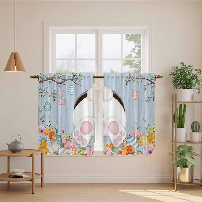 Easter Kitchen Curtains 54 Inch Long 2 Panel Set, Rod Pocket Window Curtains