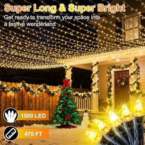 1500 LED 470FT Christmas String Lights Outdoor, 12 Modes and Timer Memory Dimmable, Plug in Waterproof Dark Green Wire Twinkle Fairy Light for for Xmas Yard Tree Wedding Party Decor (Warm White)