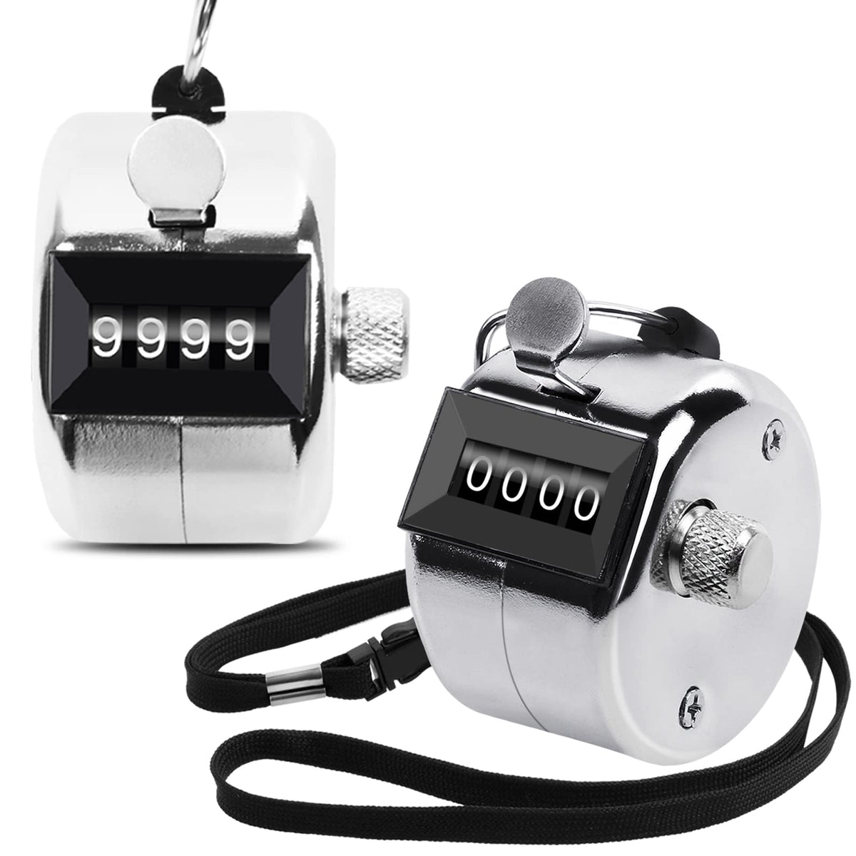 Oligei 2 Pack Metal Hand Counter Four-Digit Counter with Nylon Lanyard Silver Counter Click Counter Handheld Click Counter Digital Counting
