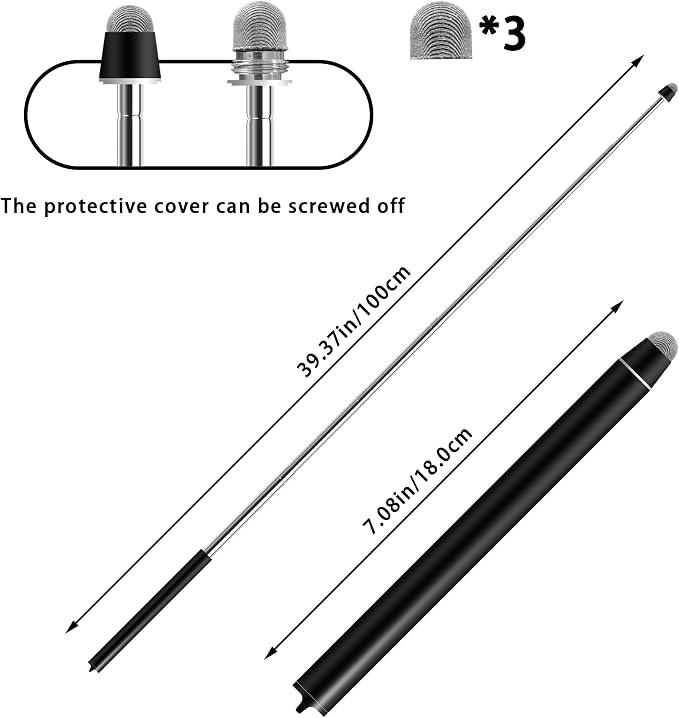 Universal Telescopic Stylus Pen for Touch Screens Retractable Pointer Stick Stylus with Special Flocking Tip Pointers for Classroom Pointer Finger Stick Anti Slip Pen Clip Black