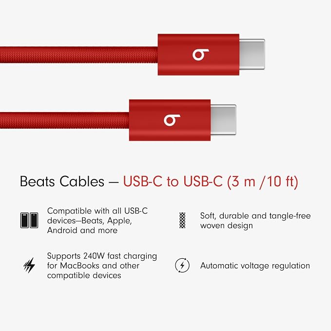 Beats 240W USB-C to USB-C Braided Cable Fast Charging Durable/Tangle Free Compatible with Apple and Android Devices (3 m/10 ft) – Bolt Black