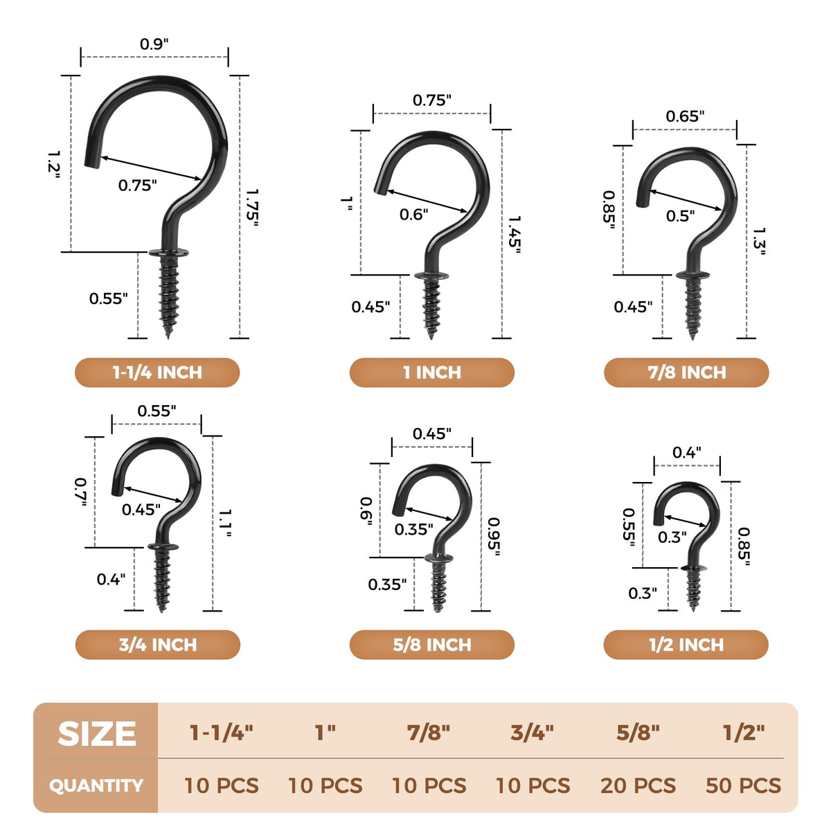 RELBRO Screw Hooks, 6 Sizes Metal Screw in Cup Hooks, 1/2 Inch, 5/8 Inch, 3/4 Inch, 7/8 Inch, 1 Inch, 1-1/4 Inch, Black, 110 Pcs