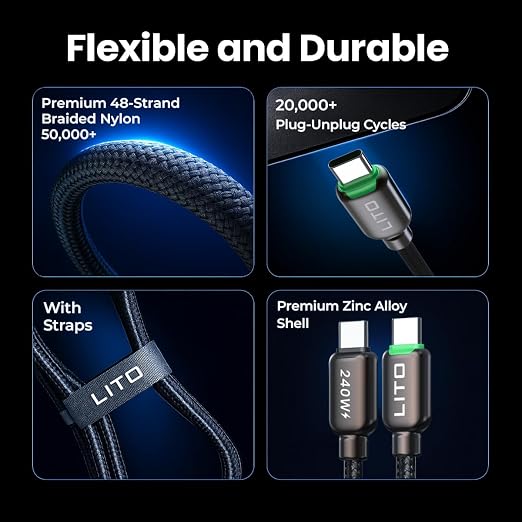 LITO 240W USB C to USB C Cable with TFT Touch Screen PD 3.1 EPR Braided Fast Charging Cord for Power Monitoring Compatible with iPhone 17/16/15 MacBook Laptop Galaxy Pixel Steam Deck 4FT