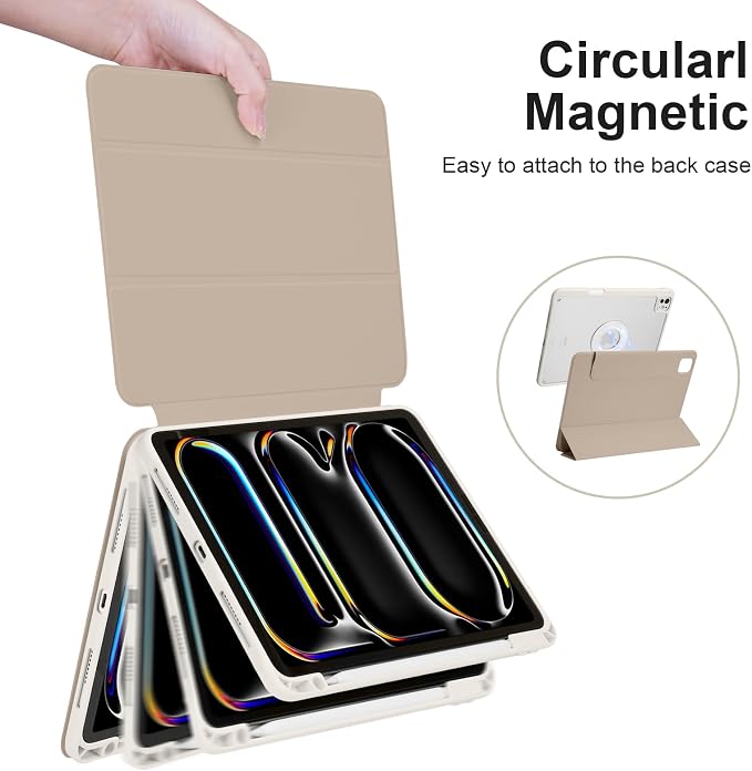 Case for iPad Pro 11 inch M5/M4 (2025/2024 6th/5th Generation) Removable and Detachable Magnetic Cover with Pencil Holder Vertical Adjustable Stand Tri-Fold Multi-Angle Black