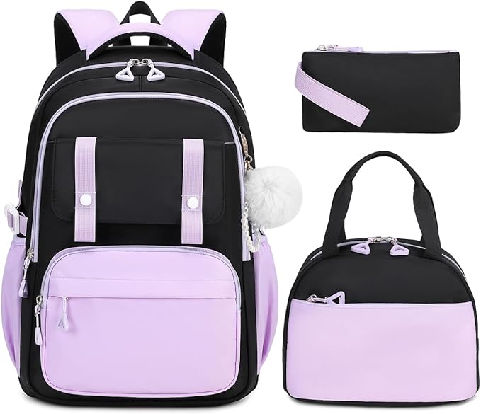 Girls Backpack with Lunch Box 3Pcs, Waterproof School Bag Set for Teen Elementary Middle School, Multi-Pocket Laptop Bookbag Lightweight, Purple