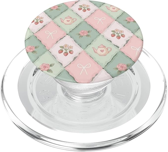 Pink &amp Green Patchwork Bow Coquette Floral Pattern PopSockets Adhesive PopGrip