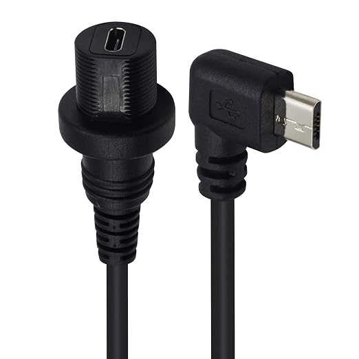 Duttek Micro USB Panel Mount Cable Left Angled 90 Degree Micro USB Mount Extension Dash Flush Cable Male to Female for Car Boat Motorcycle Truck Dashboard 30cm/12 Inch