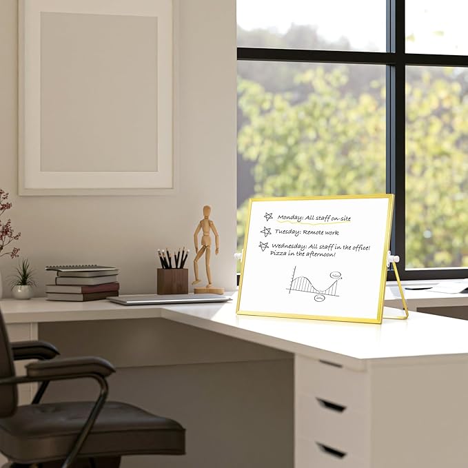 Magnetic Dry Erase White Board, 16" x 12" Double-Sided Golden Aluminum Frame Desktop Whiteboard with Stand, Portable Small Whiteboard Set for Drawing, Office, Home
