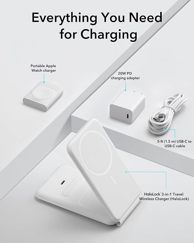 ESR 3 in 1 Charger for Magsafe, Travel Charger Stand for Magsafe, Made for Apple Watch Certified, Foldable Charging Station Compatible with iPhone 17/16/15/14/13/12, AirPods Pro, White
