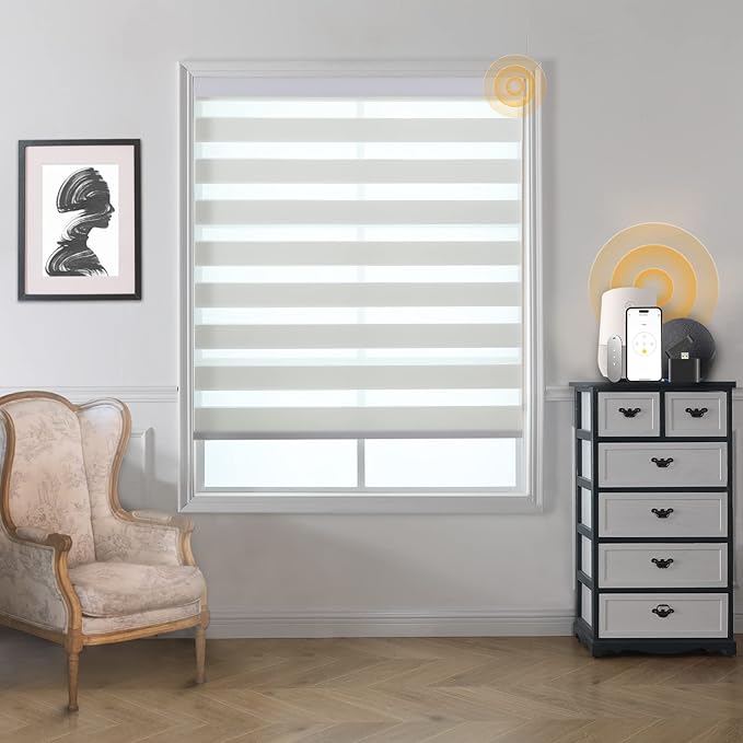 MUSCLEAREA Motorized Blinds with Remote, Cordless Automatic Zebra Shades, Smart Blind for Windows, White, 33 x 72