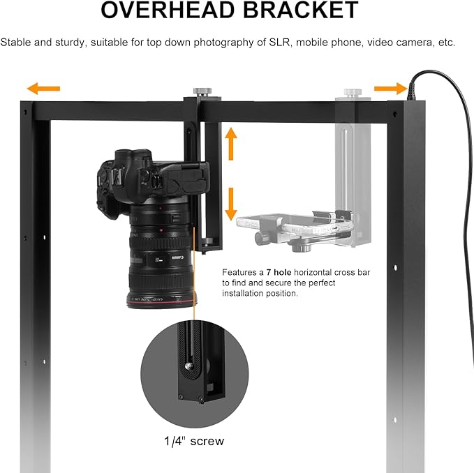 Overhead Camera Mount with Light LED 5600K Continuous -Top-Down Shooting Desk Mount Stand for Flat Lay Photography, Live Streaming - Universal Fit for DSLR, Mirrorless Cameras & Smartphones