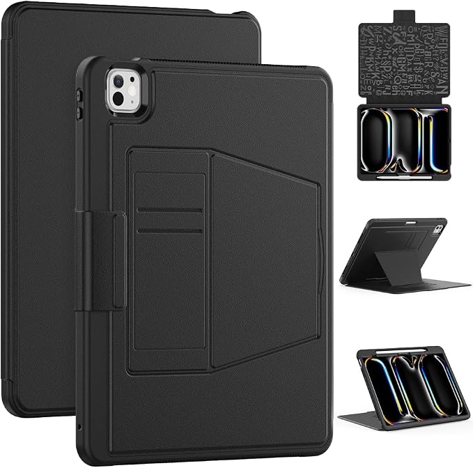 for iPad Pro 11 inch Protective Case M5 2025/M4 2024: Heavy Duty Shockproof Case with Pencil Holder - 360°Rotating Handle/Stand - Screen Protector - Shoulder Strap Black/Sky Blue