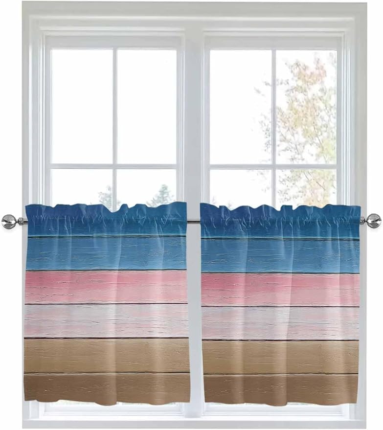 Blue Pink Brown Gradient Wood Grain Window Valance Curtains, Vintage Wood Board