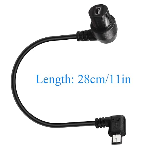 QIANRENON 90 Degree Angle Mini USB Panel Flush Waterproof Extension Cable Mini USB 5 Pin Right Angle Male to Female Panel Mount Cable Threaded to Dashboard or Panel28cm/11in (Down Bend)