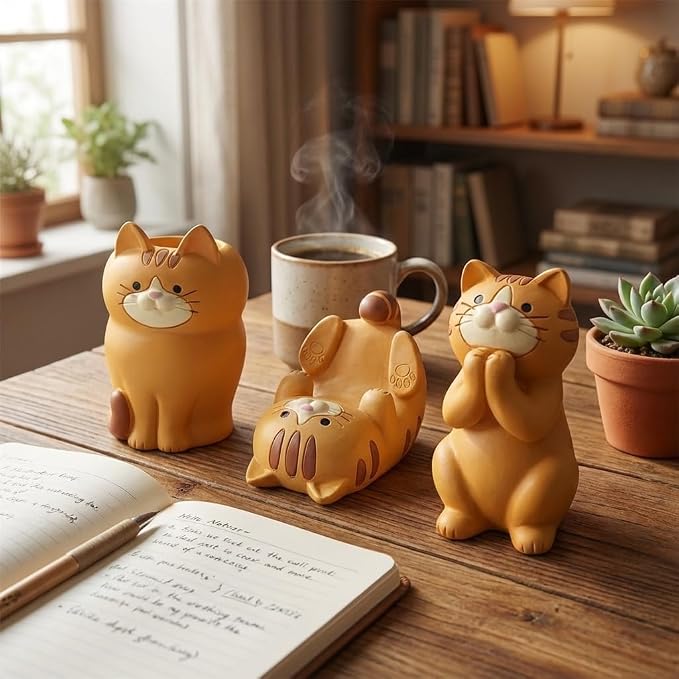 3 PS Cat Shaped Phone Holder and Eyeglass Frame with Pen Holder Animal Resin Gift for cat Enthusiasts Home and Office Fashion Accessories-Brown