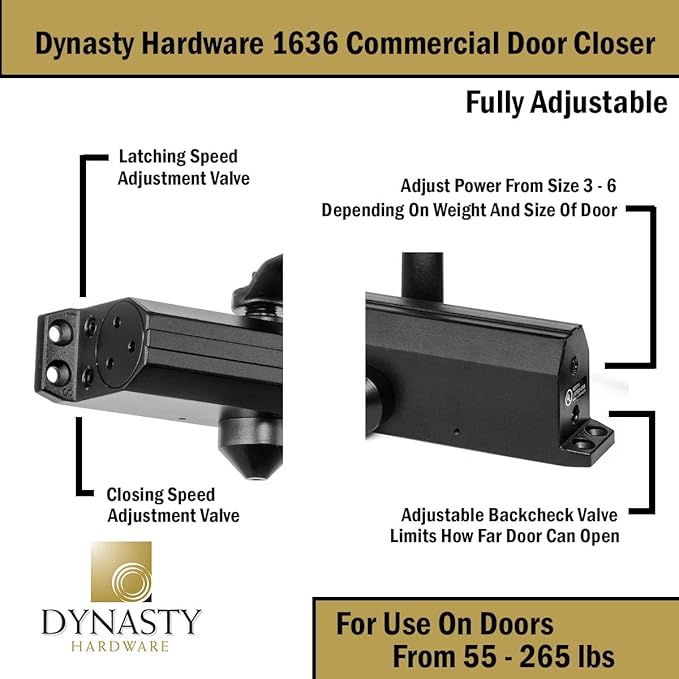 Dynasty Hardware Door Closer, Grade 1 Heavy Duty Commercial Hydraulic Closer, Self-Closing, Adjustable Spring Size 3-6, Surface Mount, Sprayed Duronotic Bronze, Series 1636