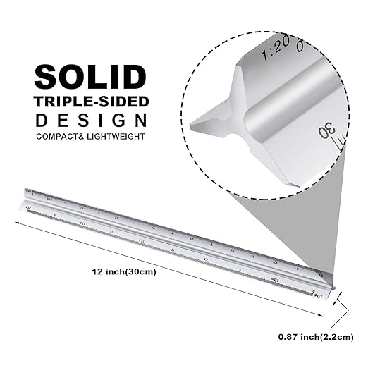 6 Pcs Triangular Ruler Set 12 Inch Engineering Scale Aluminum Architect Drafting Ruler Metal Protractor Arquitectura Accessories for Students Draftsman Engineers Metric
